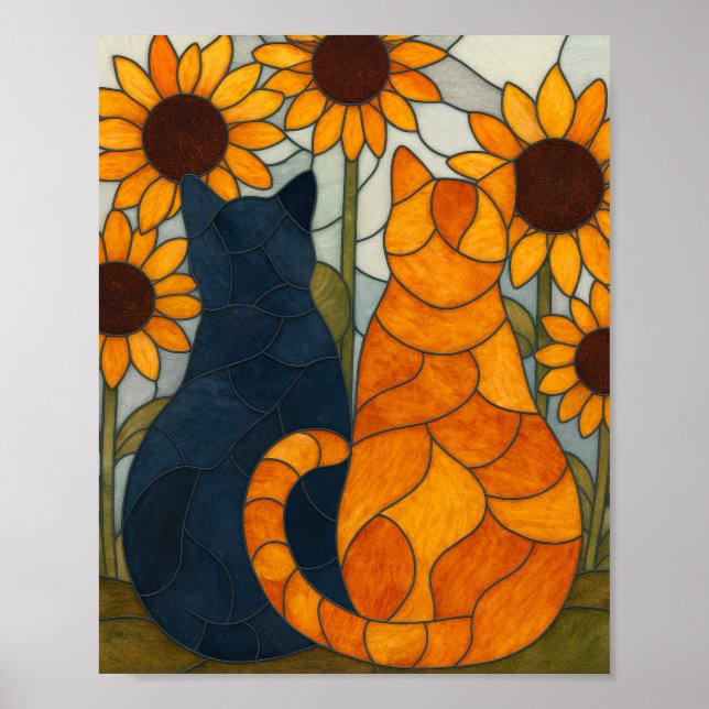 Stained Glass Cats and Sunflowers Art Design Poster (Framsidan)