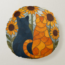 Stained Glass Cats and Sunflowers Art Design Rund Kudde