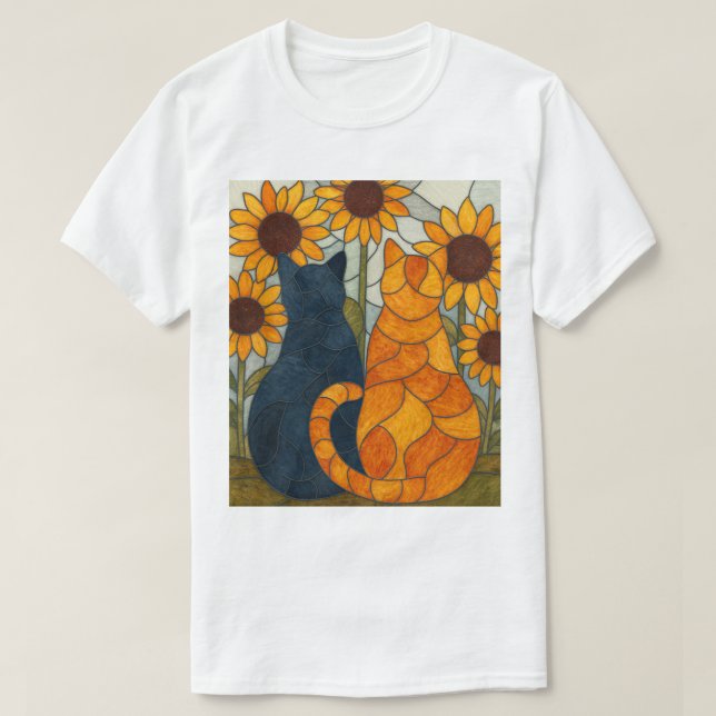 Stained Glass Cats and Sunflowers Art Design T Shirt (Design framsida)