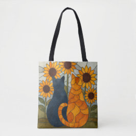 Stained Glass Cats and Sunflowers Art Design Tygkasse