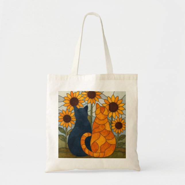 Stained Glass Cats and Sunflowers Art Design Tygkasse (Framsidan)