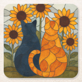 Stained Glass Cats and Sunflowers Art Design Underlägg Papper Kvadrat