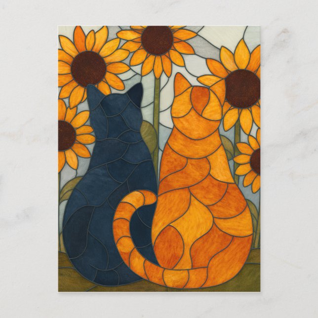 Stained Glass Cats and Sunflowers Art Design Vykort (Framsida)