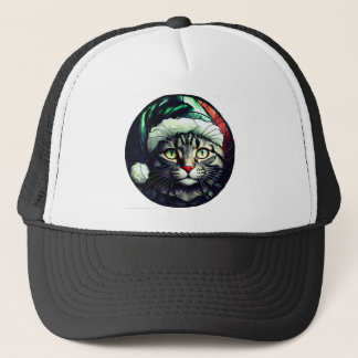 Stained-Glass Christmas Grey Tabby In Green Hat Keps
