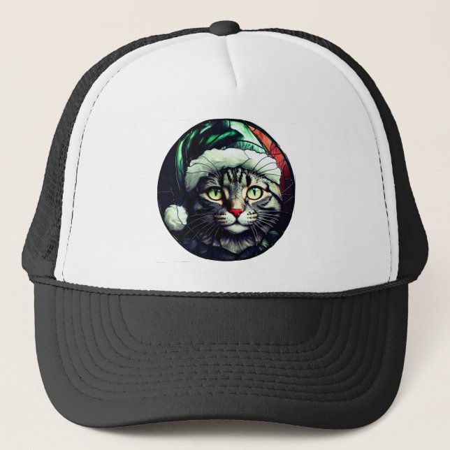 Stained-Glass Christmas Grey Tabby In Green Hat Keps (Framsida)