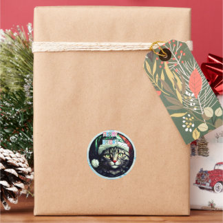 Stained-Glass Christmas Grey Tabby In Green Hat Runt Klistermärke