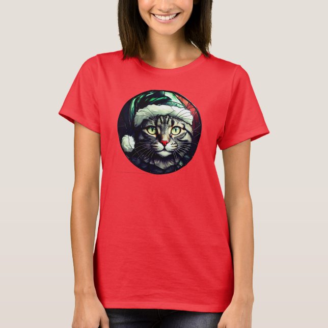 Stained-Glass Christmas Grey Tabby In Green Hat T Shirt (Framsida)