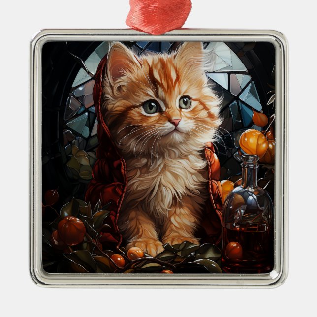 STAINED GLASS CHRISTMAS ORANGE TABBY KITTEN JULGRANSPRYDNAD METALL (Framsidan)