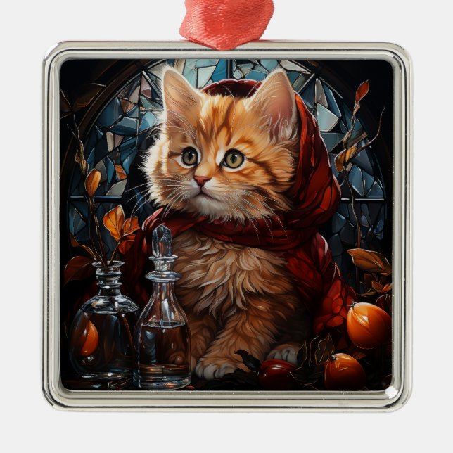 STAINED GLASS CHRISTMAS ORANGE TABBY KITTEN JULGRANSPRYDNAD METALL (Framsidan)