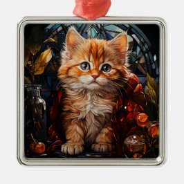 STAINED GLASS CHRISTMAS ORANGE TABBY KITTEN JULGRANSPRYDNAD METALL