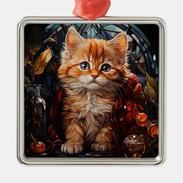 STAINED GLASS CHRISTMAS ORANGE TABBY KITTEN JULGRANSPRYDNAD METALL (Framsidan)