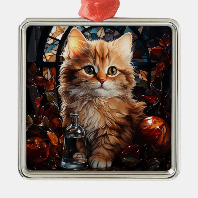 STAINED GLASS CHRISTMAS ORANGE TABBY KITTEN JULGRANSPRYDNAD METALL (Framsidan)