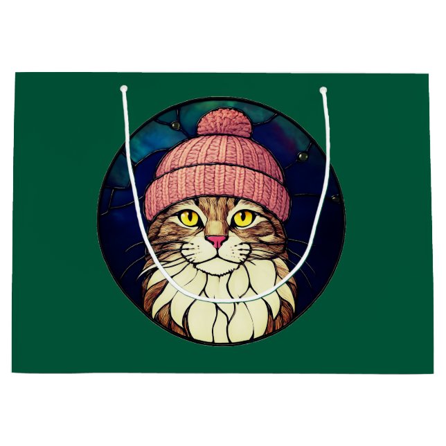 Stained-Glass Christmas Tabby Cat In Pink Cap (Framsidan)