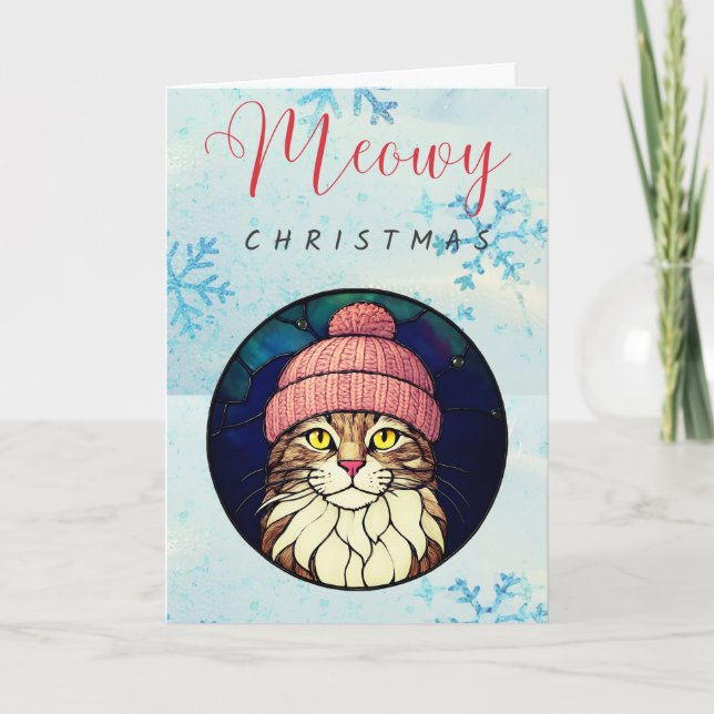 Stained-Glass Christmas Tabby Cat In Pink Cap Helgkort (Framsida)