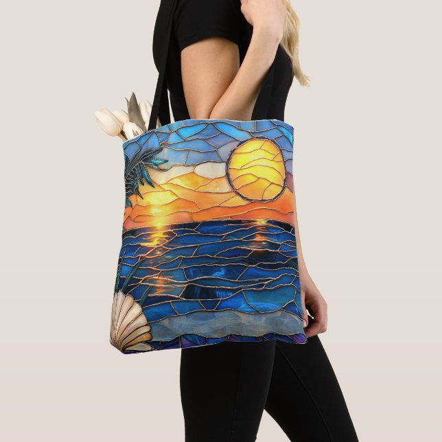 Stained Glass Coastal Sunset Tote Bag Tygkasse (Närbild)