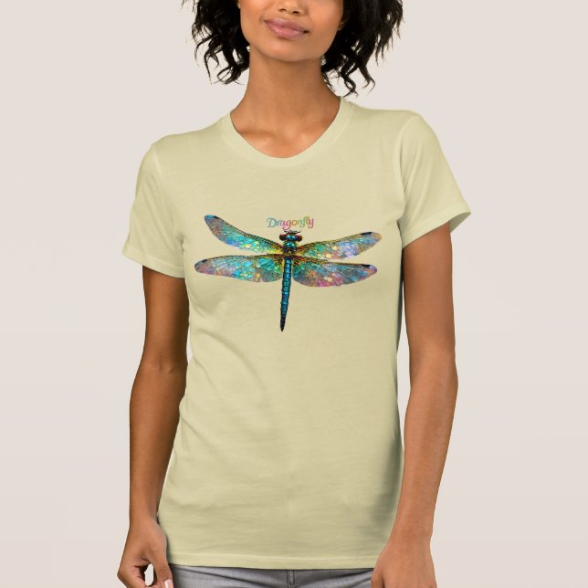 Stained Glass Colorful Dragonfly T Shirt (Framsida)