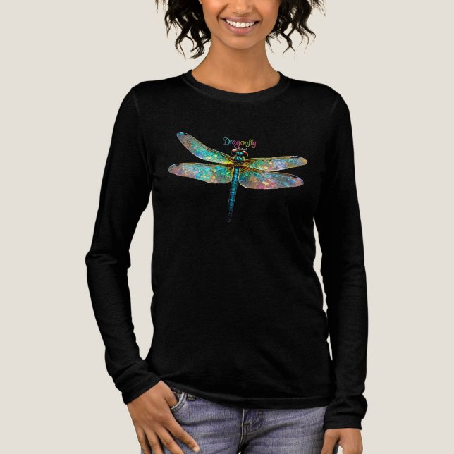 Stained Glass Colorful Dragonfly T Shirt (Framsida)