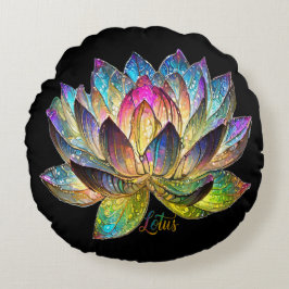 Stained Glass Colorful Lotus Flower on Black Rund Kudde