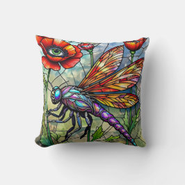 Stained Glass Dragonfly Poppies Unique Eye Art Kudde