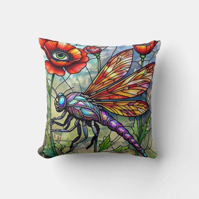 Stained Glass Dragonfly Poppies Unique Eye Art  Kudde (Framsida)