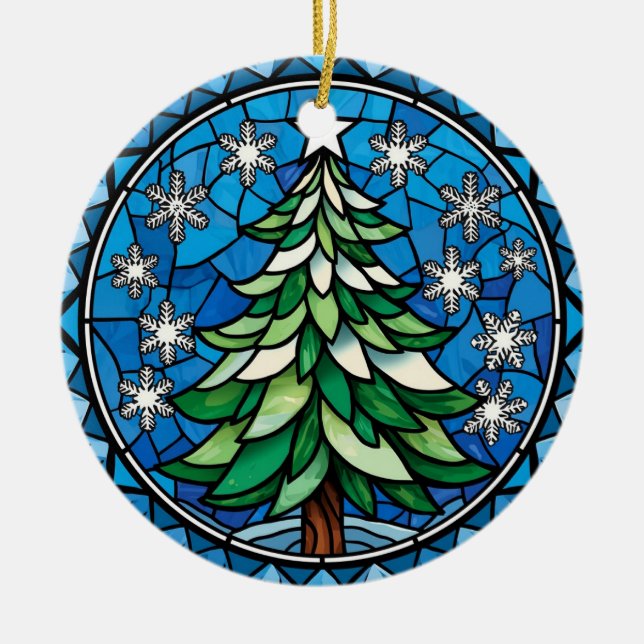 Stained Glass Evergreen Snowflakes Art Julgransprydnad Keramik (Framsidan)