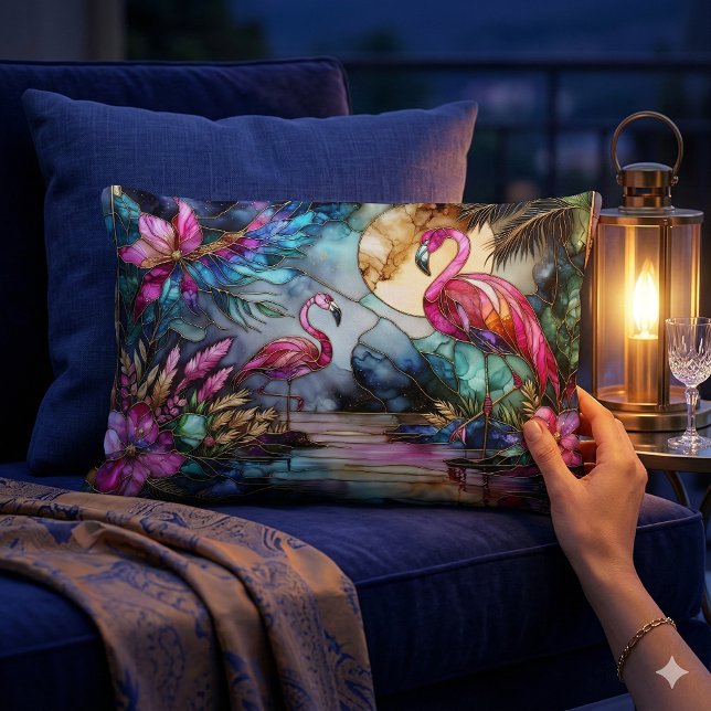 Stained Glass Flamingo Moon Garden Lumbarkudde (Stained Glass Flamingo Moon Garden Lumbar Pillow Mockup A)