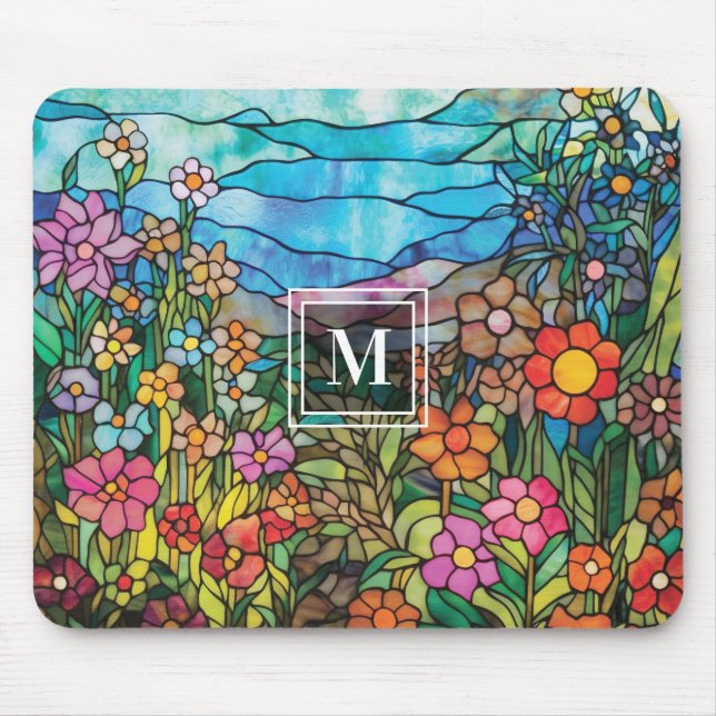 Stained Glass Flower Garden Monogram Mousepad Musmatta (Framsidan)
