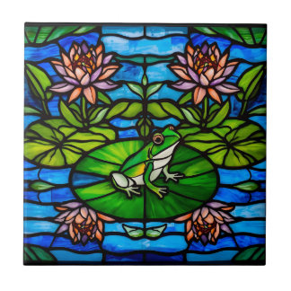 Stained Glass Green Frog and Water Lily Flowers  Kakelplatta