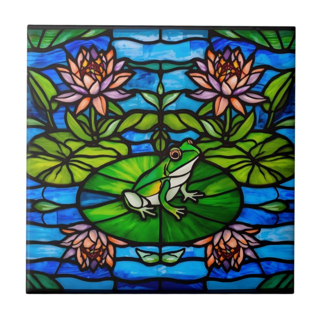 Stained Glass Green Frog and Water Lily Flowers  Kakelplatta (Framsidan)