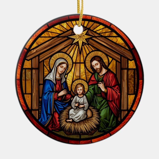 Stained Glass Holy Family Nativity Julgransprydnad Keramik (Framsidan)
