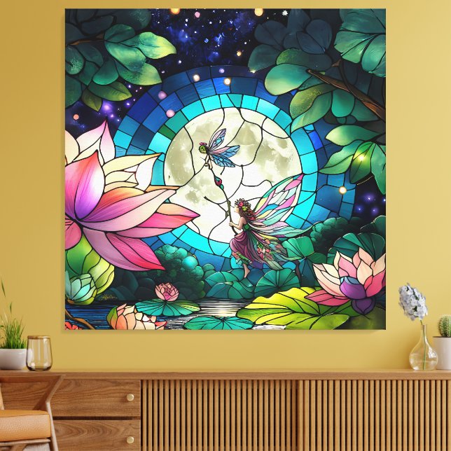 Stained Glass Little Fairy With Dragonfly Canvastryck (Insitu (Vardagsrum))