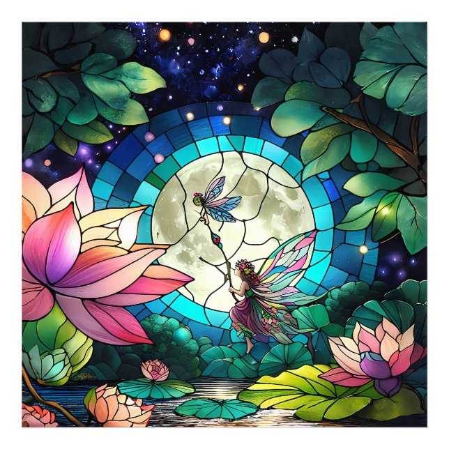 Stained Glass Little Fairy With Dragonfly Fototryck (Framsidan)