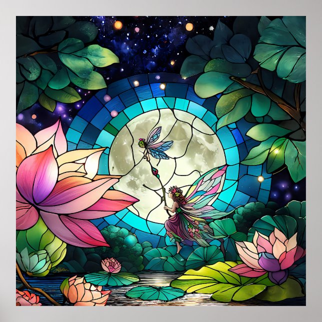 Stained Glass Little Fairy With Dragonfly Poster (Framsidan)