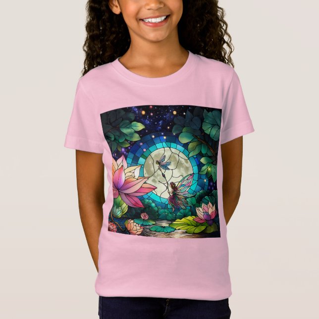 Stained Glass Little Fairy With Dragonfly T Shirt (Framsida)