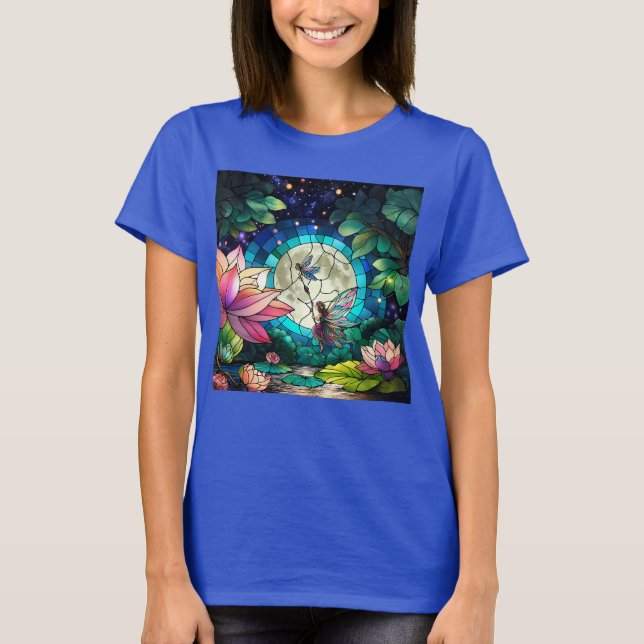 Stained Glass Little Fairy With Dragonfly T Shirt (Framsida)
