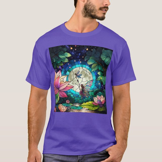Stained Glass Little Fairy With Dragonfly T Shirt (Framsida)