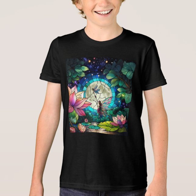 Stained Glass Little Fairy With Dragonfly T Shirt (Framsida)