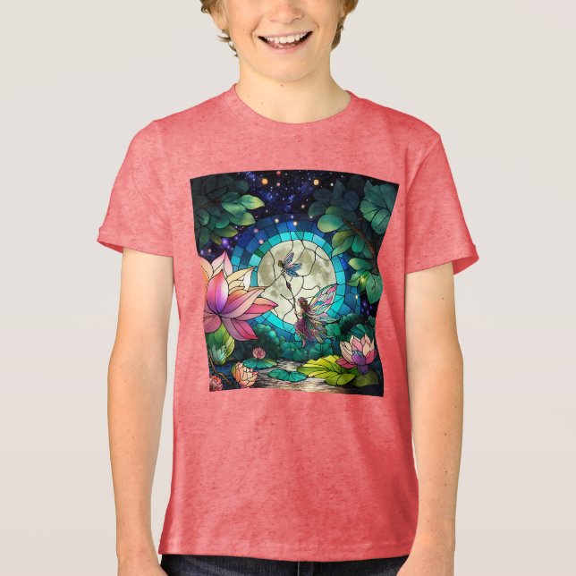 Stained Glass Little Fairy With Dragonfly T Shirt (Framsida)