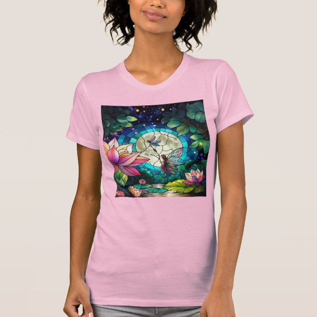 Stained Glass Little Fairy With Dragonfly T Shirt (Framsida)
