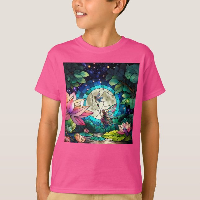 Stained Glass Little Fairy With Dragonfly T Shirt (Framsida)