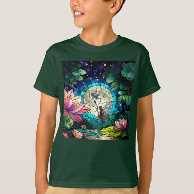 Stained Glass Little Fairy With Dragonfly T Shirt (Framsida)
