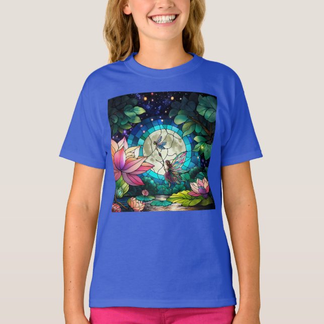 Stained Glass Little Fairy With Dragonfly T Shirt (Framsida)