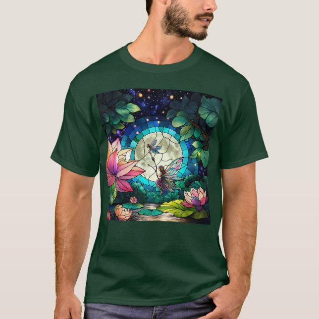 Stained Glass Little Fairy With Dragonfly T Shirt (Framsida)