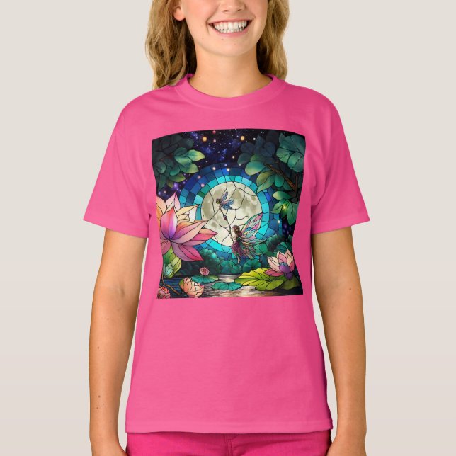 Stained Glass Little Fairy With Dragonfly T Shirt (Framsida)