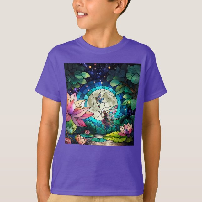 Stained Glass Little Fairy With Dragonfly T Shirt (Framsida)