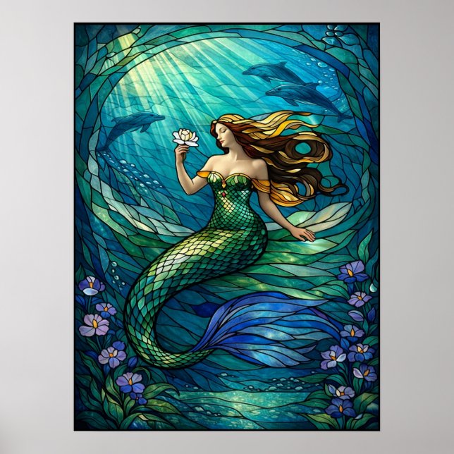 Stained Glass Mermaid Wall Art Poster (Framsidan)