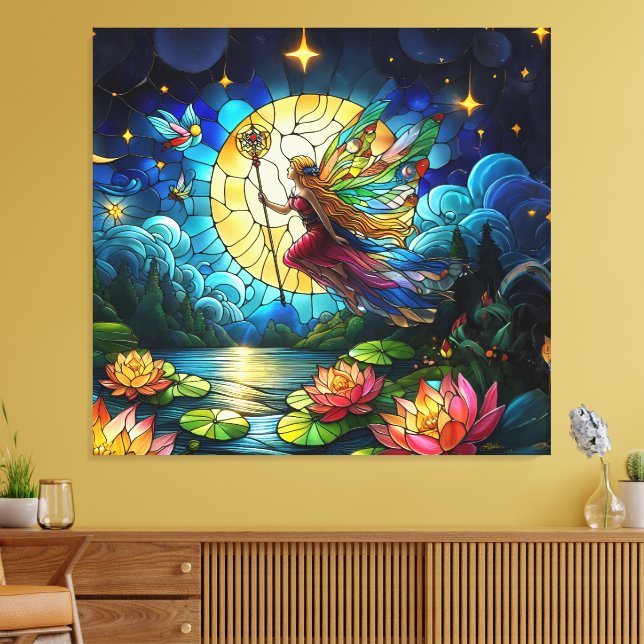Stained Glass Moonlight Flight Fairy  Canvastryck (Insitu (Vardagsrum))