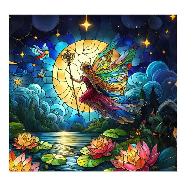 Stained Glass Moonlight Flight Fairy  Fototryck (Framsidan)