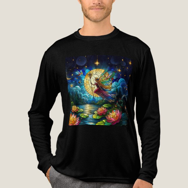 Stained Glass Moonlight Flight Fairy  T Shirt (Framsida)