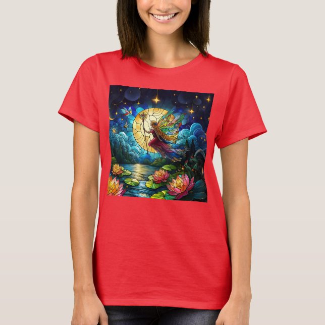 Stained Glass Moonlight Flight Fairy  T Shirt (Framsida)